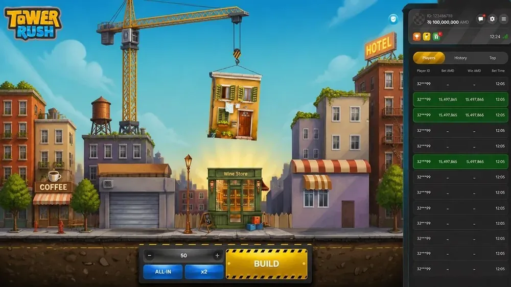 How to play Tower Rush — build button, running odds and cash-out control during a round