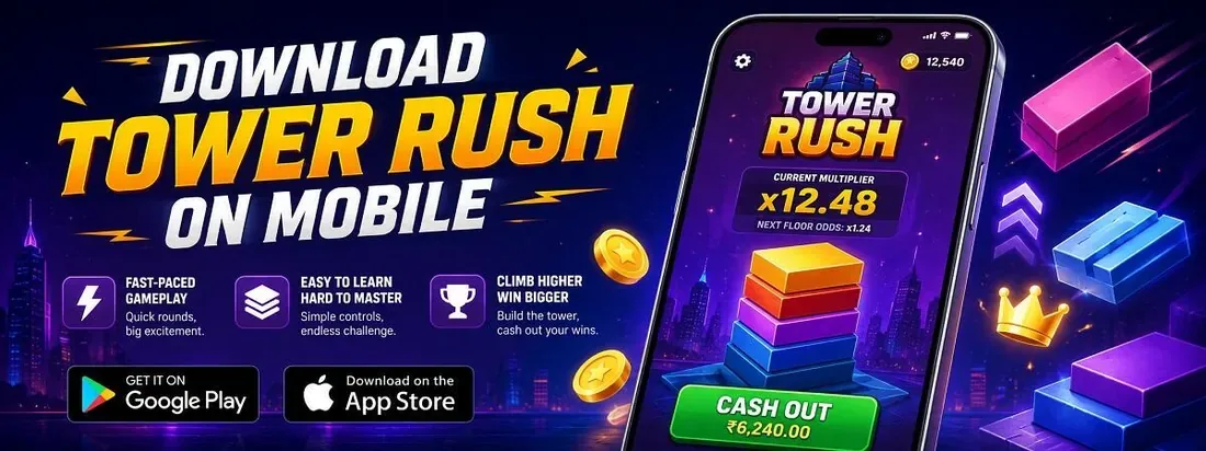 Tower Rush on mobile — portrait layout with build and cash-out controls in thumb reach